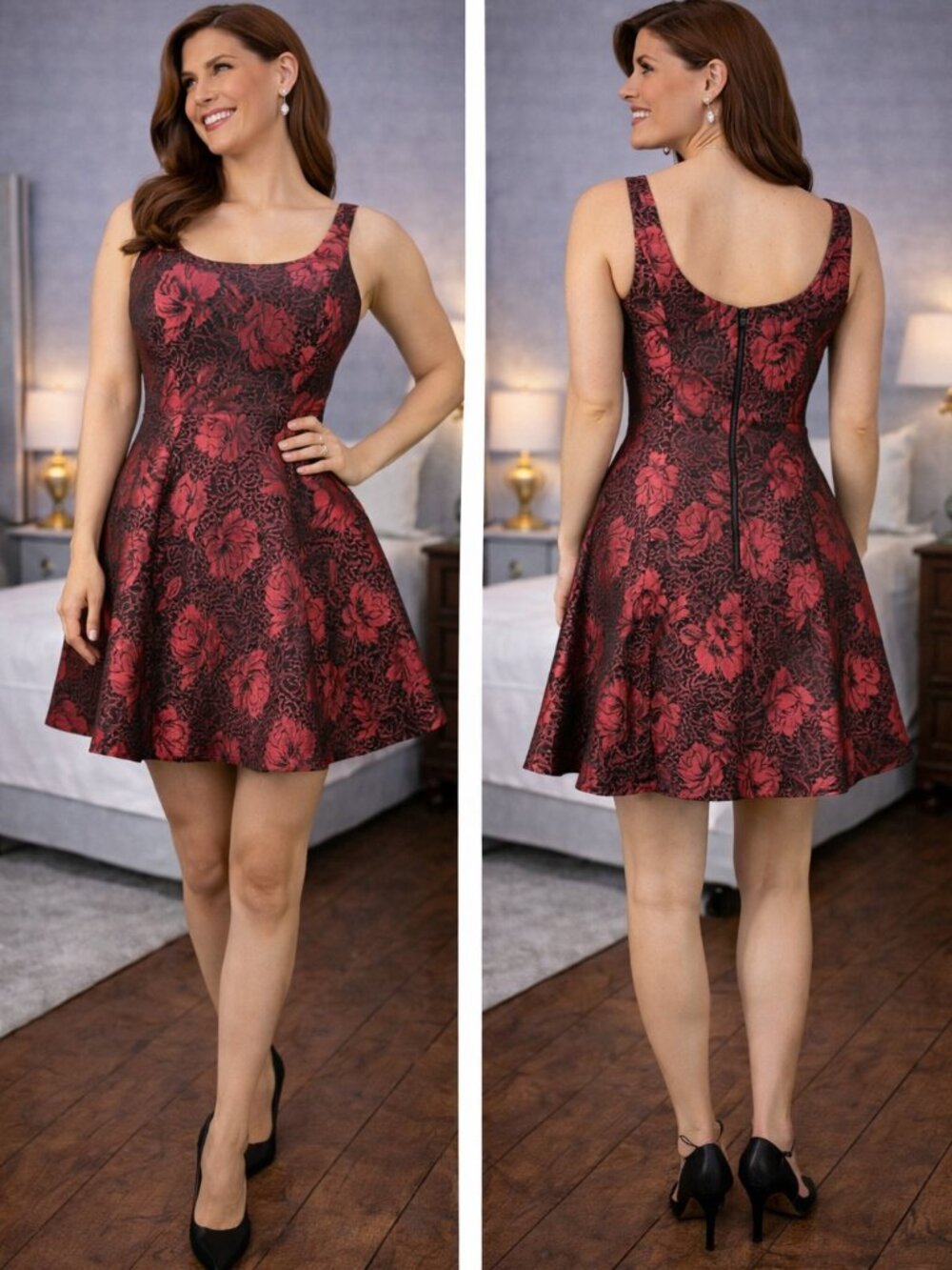 Alice + Olivia Black Red Floral Fit & Flare Cocktail Dress $395